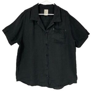 fordays Mens Black Linen Short Sleeve Button Up Shirt Sz L Collared Front Pocket